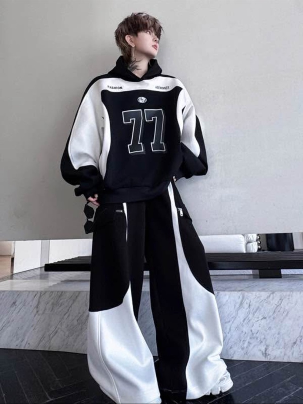 Oversized Black & White Hoodie and Wide-Leg Pants Set